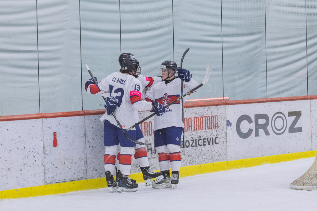 Great Britain celebrate a goal against Netherlands in the U20 World Championship Division II Group A in Zagreb