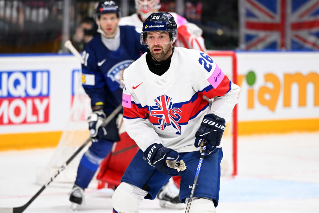 Evan Mosey in action for Great Britain against Finland at the 2024 World Championship in Czechia